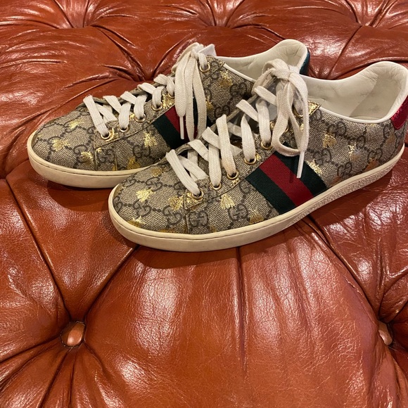 Beige/Ebony GG supreme canvas with gold bee print . Green and red web detail. - Picture 3 of 7